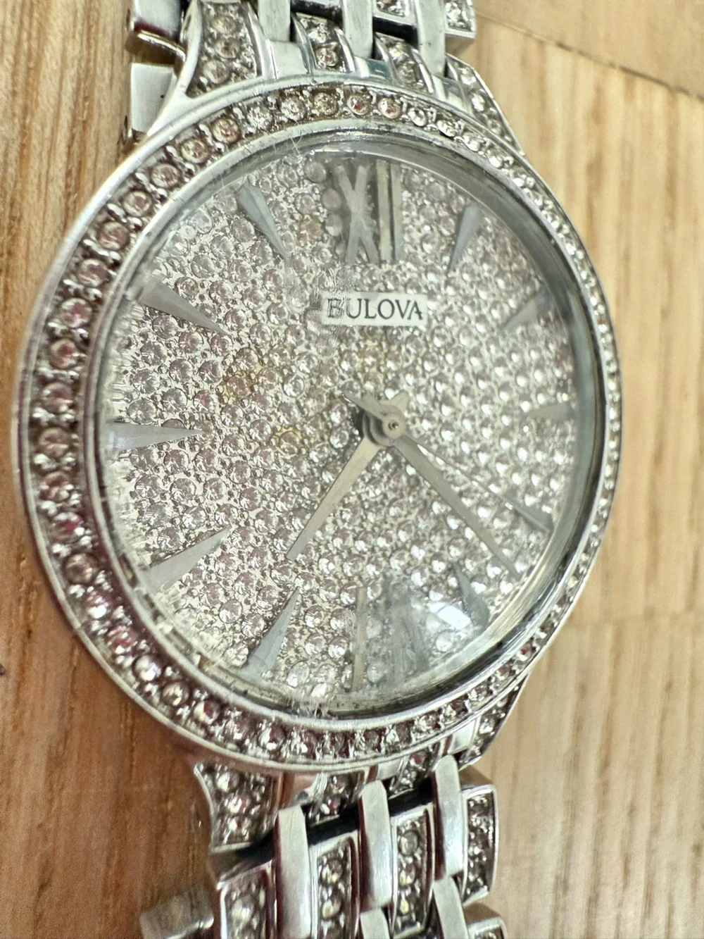 Bulova ladies silver tone crystal pave phantom watch NEW BATTERY